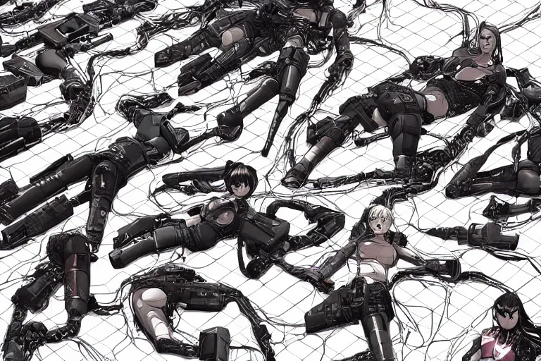 Image similar to a cyberpunk illustration of a group of coherent female androids in style of masamune shirow, lying on an empty, white floor with their bodies broken scattered rotated in different poses and cables and wires coming out, by yukito kishiro and katsuhiro otomo, hyper-detailed, intricate