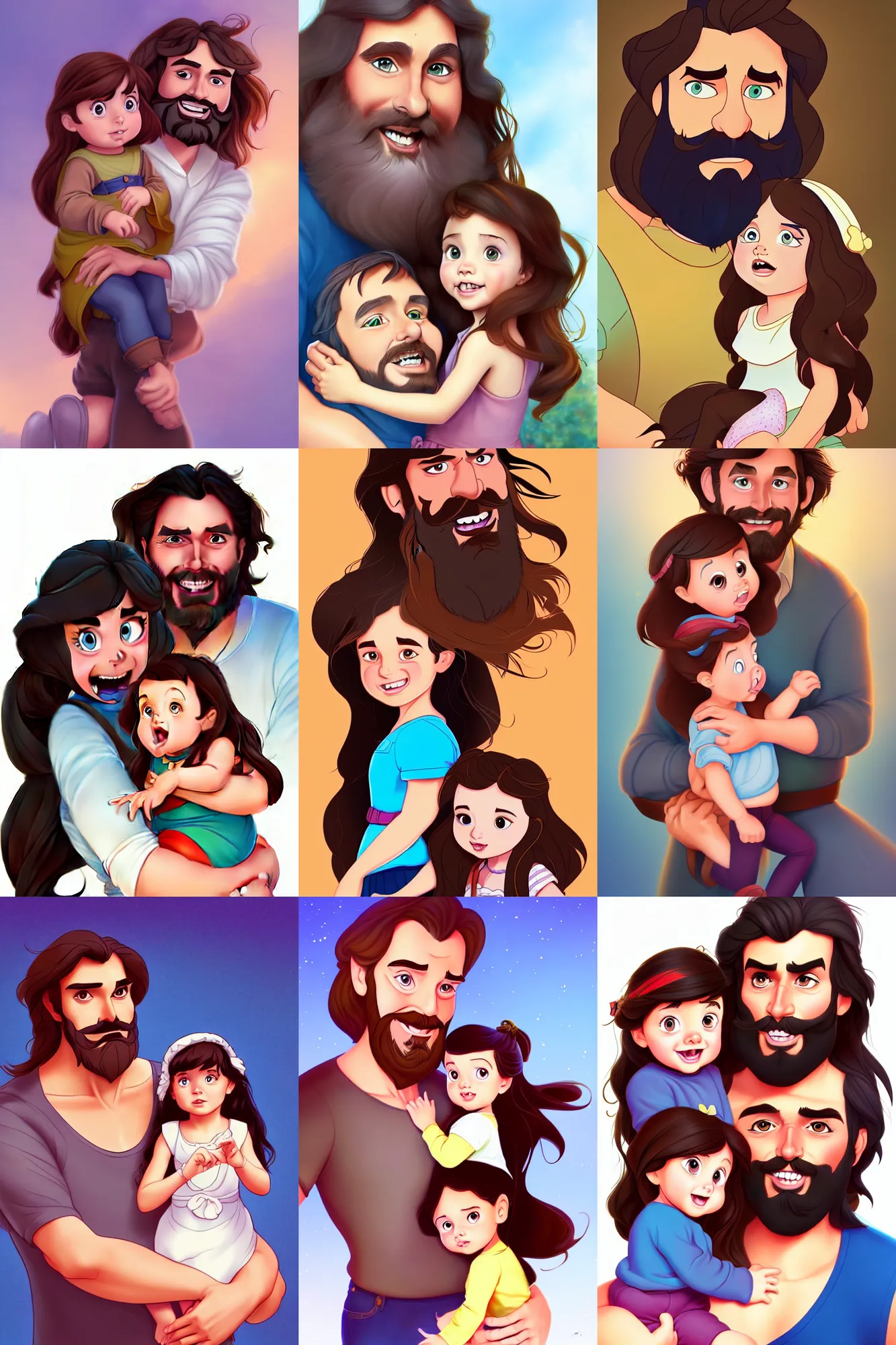 Image similar to a long - haired bearded father and his brunette child toddler girl full color digital illustration in the style of don bluth, artgerm, artstation trending, 4 k