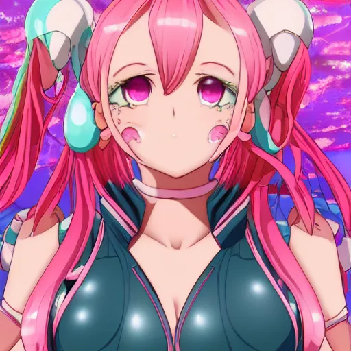 Image similar to viewed from frog's perspective, stunningly beautiful omnipotent megalomaniacal anime goddess with extremely bright glowing porcelain skin, pink twintail hair and mesmerizing cyan eyes, symmetrical perfect face smiling in a mischievous, devious and haughty way while looking down upon the viewer, mid view, hyperdetailed, 2 d, 8 k