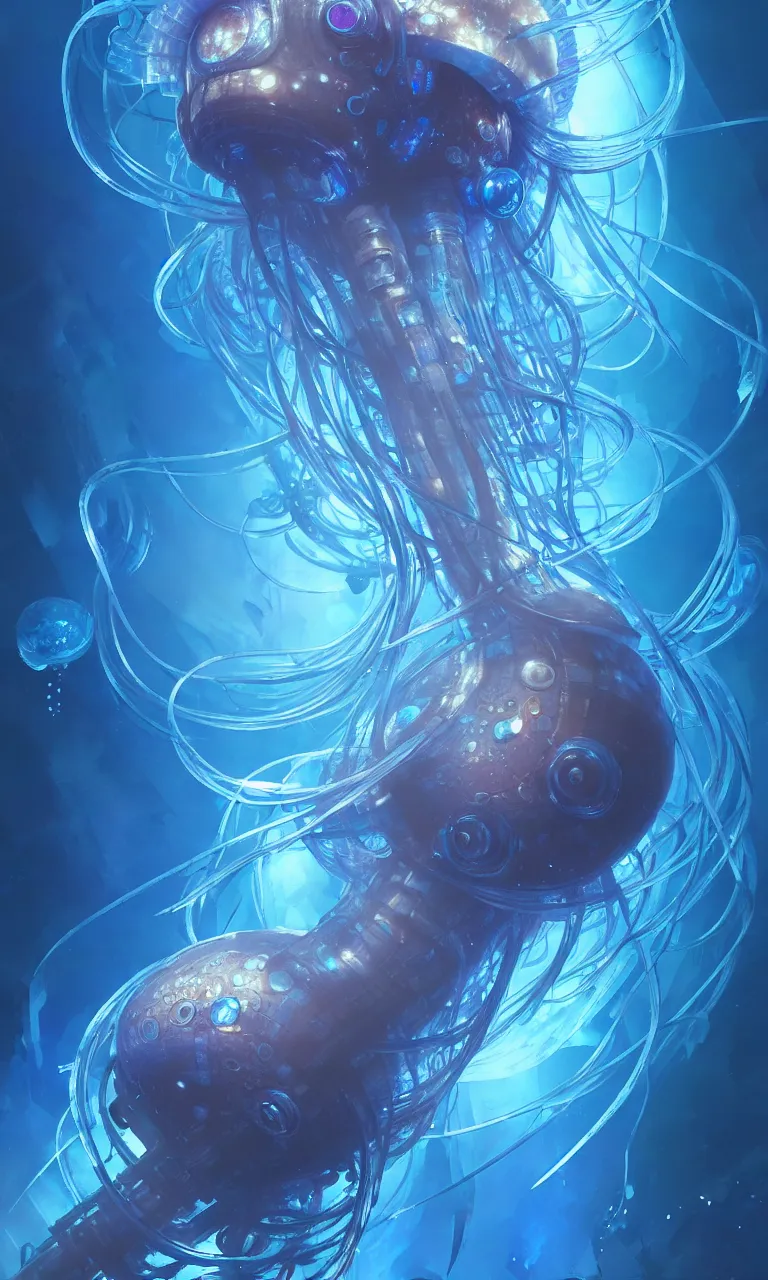 Image similar to detailed cyberpunk jellyfish, blue tones, underwater, full frame, highly detailed, digital painting, artstation, concept art, smooth, sharp focus, illustration, art by artgerm and greg rutkowski and alphonse mucha