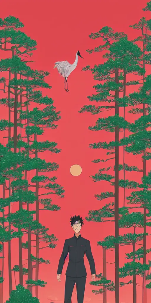 Prompt: a portrait of japanese crane walking into a forest of japanese pines, a big red sun in the background, chico with honeyworks style, front game card, vector line art, trending on youtube, simplified anime art, stunning, matte, modern look