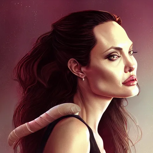 Image similar to Angelina Jolie as Lucifer Morningstar, highly detailed, digital painting, artstation, concept art, smooth, sharp focus, illustration, ArtStation, art by Katsuhiro Otomo and Tom Bagshaw