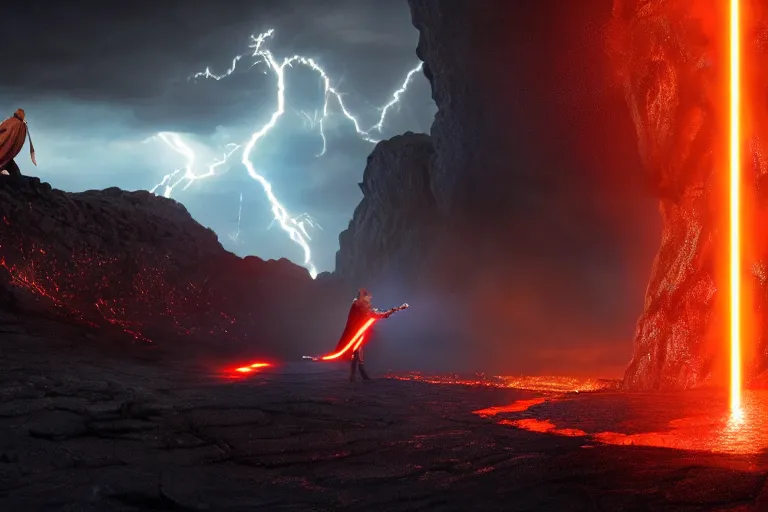Prompt: an ultra realistic, cinematic shot, of anakin skywalker fighting obi wan kenobi, fire, facial features, background of a lava river, with rain and lightning, detailed, deep focus, movie still, dramatic lighting, ray tracing, by michal karcz and yoshitaka amano