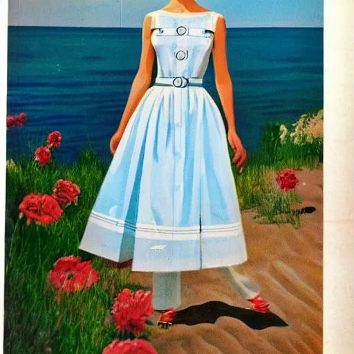 Prompt: 1 9 7 6 italia vogue magazine photo of a dress with cotton set, christian dior style, flowers and mediterranean beach fake background painting