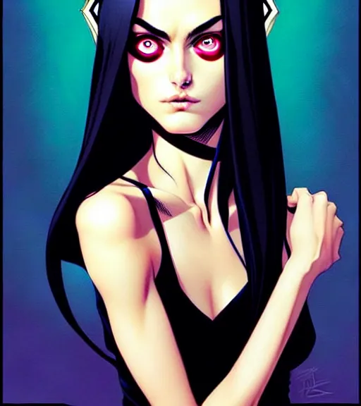 Image similar to artgerm, joshua middleton comic cover art, pretty friendly sweet kind phoebe tonkin eye of horus painted under one of her eyes, young, attractive, slim, she has very pale skin long black hair, she prefers to dress casually and she wears black clothing