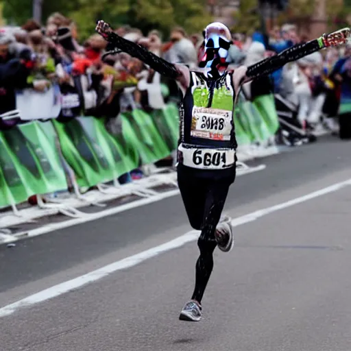 Prompt: A skeleton crossing the finish to win a marathon, award winning photograph, associated press photo, dynamic pose, 8k, award-winning