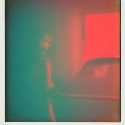 Image similar to polaroid of a dream, reflection, double exposure, glitch, red cyan lighting