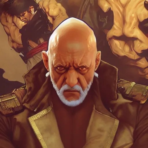 Prompt: mike ehrmantraut as sagat street fighter, wearing eye patch, 4 k, ultra realistic, detailed focused art by artgerm and greg rutkowski and alphonse mucha