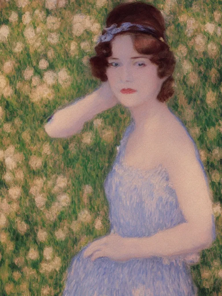 Image similar to portrait of < zelda fitzgerald > as a beautiful young lady wearing 1 9 2 0 s fashion, blurry face, brown hair, slim, fair, severe out of focus, depth of field, pleinairism, in the sun, backlit, closeup, oil on canvas, atr by monet, in the style of le promenade, smooth, impressionnisme, 8 k