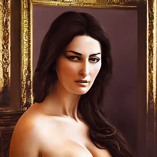 Image similar to majestic gracious regal aristocratic raven haired monica bellucci as the roman - greece vampire pandora portrait, indoors, atmospheric lighting, painted, intricate, volumetric lighting, beautiful, rich deep colours masterpiece, sharp focus, ultra detailed, by leesha hannigan, ross tran, thierry doizon, kai carpenter, ignacio fernandez rios