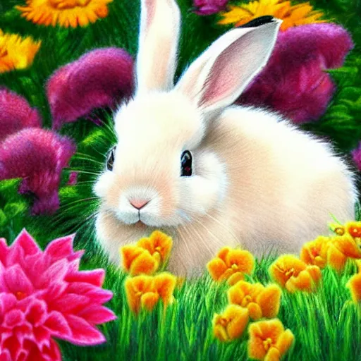 Prompt: fluffy tan lop eared bunny rabbit surrounded by colorful flowers detailed color pencil drawing 4 k