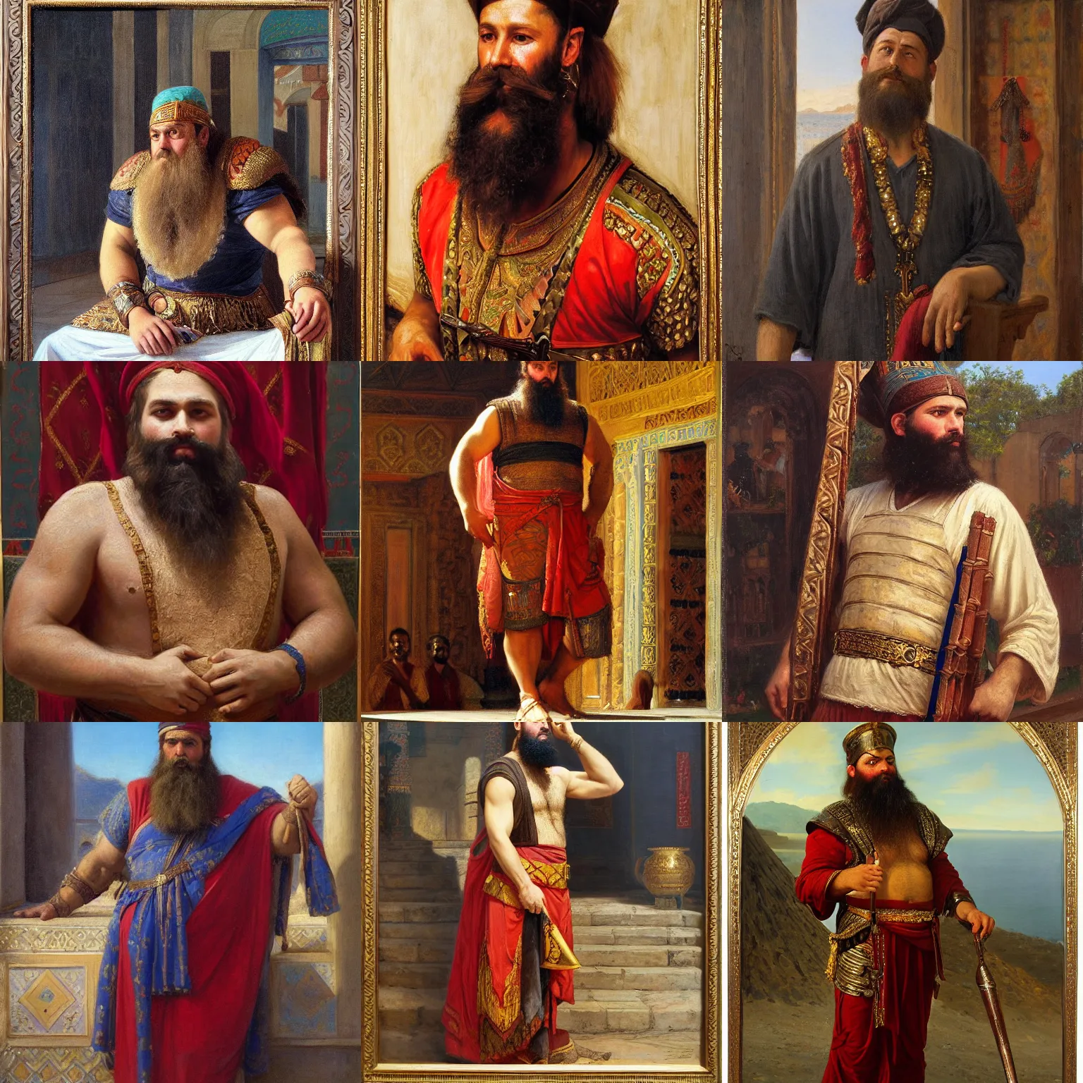 Prompt: orientalism painting of a bearded varangian guard by edwin longsden long and theodore ralli and nasreddine dinet and adam styka, masterful intricate art. oil on canvas, excellent lighting, high detail 8 k