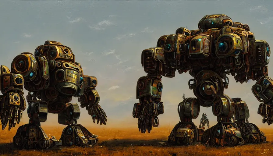 Prompt: an intricate oil painting of a giant scrap metal anime armored tank humanoid mecha with rounded components by simon stalenhag