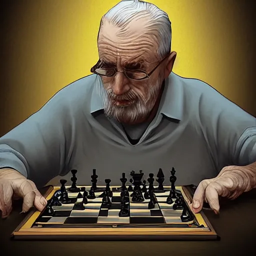 Image similar to an old man playing chess, digital art by Max Grecke