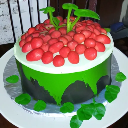 Image similar to a flesh eating plant eating cake