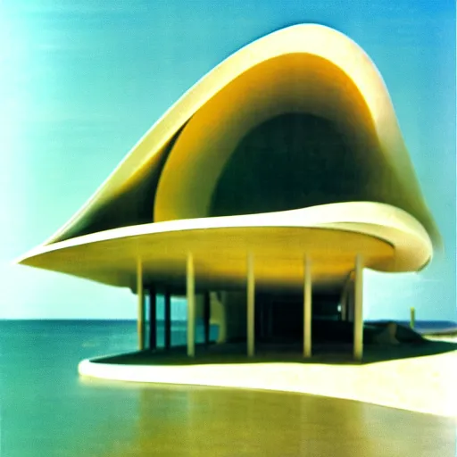 Prompt: architecture ad for a mid-century modern house by the beach, designed by Zaha Hadid. Shell. Film grain, cinematic, colorized, yellow hue