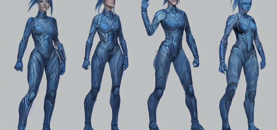 Image similar to character sheet concept art of cortana, realistic, hyper realistic, photographic, costume, by mcu concept artists