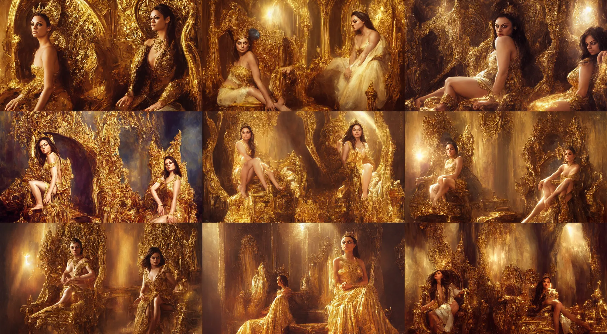 Prompt: portrait of queen mila kunis sitting on her throne, intricate, gold glow, sun - rays, low angle, ilya kuvshinov, rossdraw, daniel f. gerhartz,