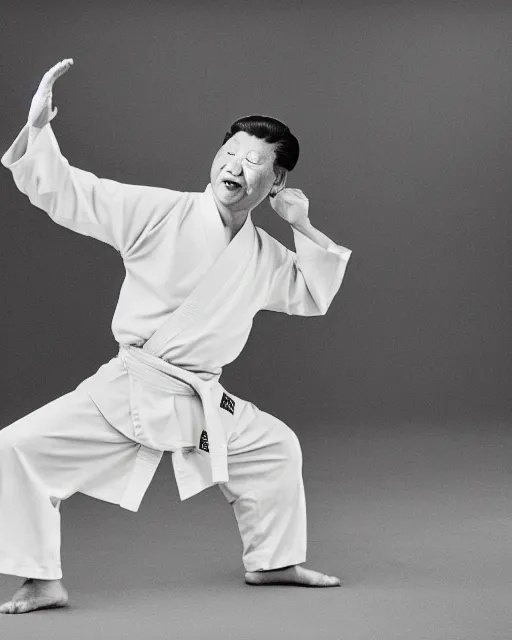 Prompt: Xi Jinping practicing karate at the Shaolin temple, photorealistic, studio lighting, photographed in the style of Annie Leibovitz