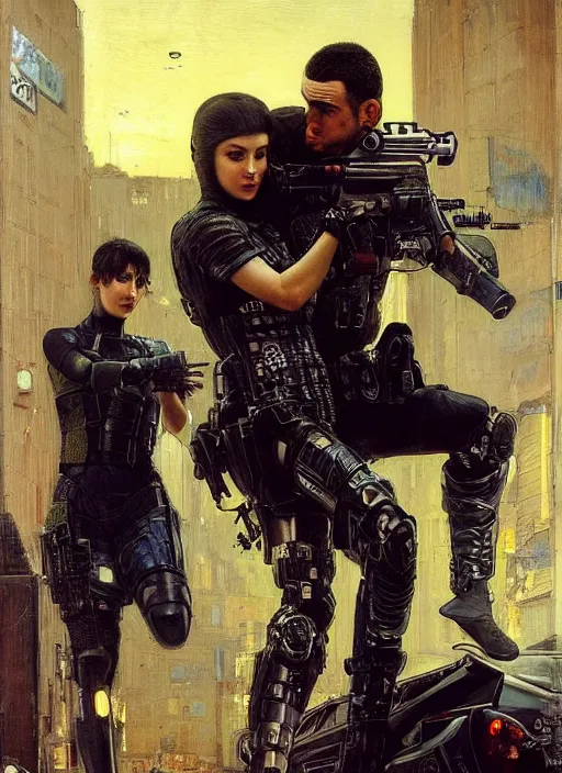 Image similar to maria evades sgt rhodes. Cyberpunk hacker escaping Menacing Cyberpunk police trooper wearing a combat vest. Rainy streets (dystopian, police state, Cyberpunk 2077, bladerunner 2049). Iranian orientalist portrait by john william waterhouse and Edwin Longsden Long and Theodore Ralli and Nasreddine Dinet, oil on canvas. Cinematic, vivid colors, hyper realism, realistic proportions, dramatic lighting, high detail 4k