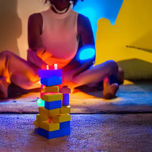 Image similar to cinematic photo of a beautiful dark blue skinned axolotl woman lit with saturated split colour yellow and red lighting playing giant jenga on the lawn