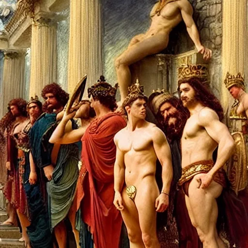 Image similar to hercules watches achilles while they wait in line to worship at zeus'feet, throne of olympus, heavenly marble, gods and goddesses in elegant clothes, painting by gaston bussiere, craig mullins, j. c. leyendecker, tom of finland, claude monet