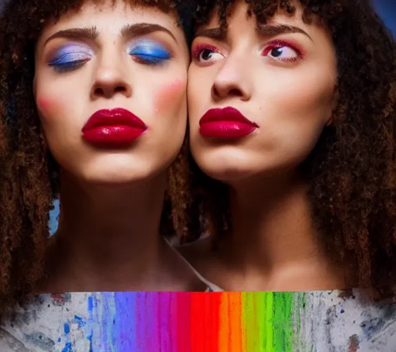 Image similar to close photo shot still of two womens rainbow painted lips kissing