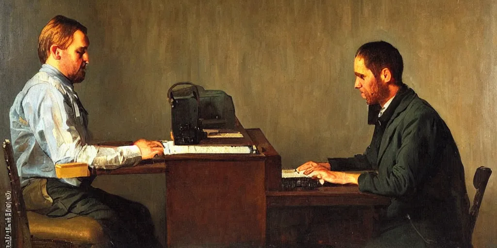 Prompt: alexander zembatov typing source code for radiostation at prima by repin, portrait, oil on canvas