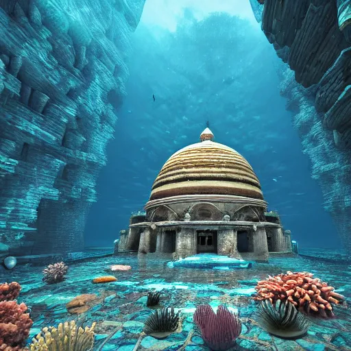 Prompt: a beautiful first person perspective digital illustration of a domed underwater temple near a coral reef teeming with life by beeple | Byzantine architecture | tropical fish | cinematic | unreal engine | octane | photorealistic |