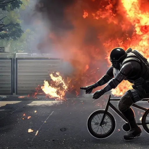 Image similar to Montagne from Rainbow Six Siege riding a bike leaving behind a trail of flames and explosions