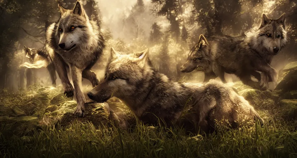 Image similar to wolves and their treasures. fantasy style, - ultra realistic, octane render, unreal engine 5, raytracing, 8 k highly detailed, trending on artstation, illustration, - digital painting, highly detailed render