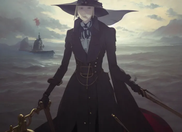 Image similar to portrait of lady maria, helm of second world war warship in background, illustration concept art anime key visual trending pixiv fanbox by wlop and greg rutkowski and makoto shinkai and studio ghibli and kyoto animation, astral witch clothes, steampunk, realistic anatomy, grimdark, volumetric lighting