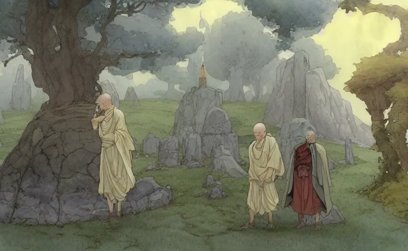 Image similar to a hyperrealist anime watercolor fantasy concept art of a giant monk with a big forehead and a small druid with a grey robe in stonehenge on a misty night. in the background several immense stones are floating in the air. by rebecca guay, michael kaluta, charles vess