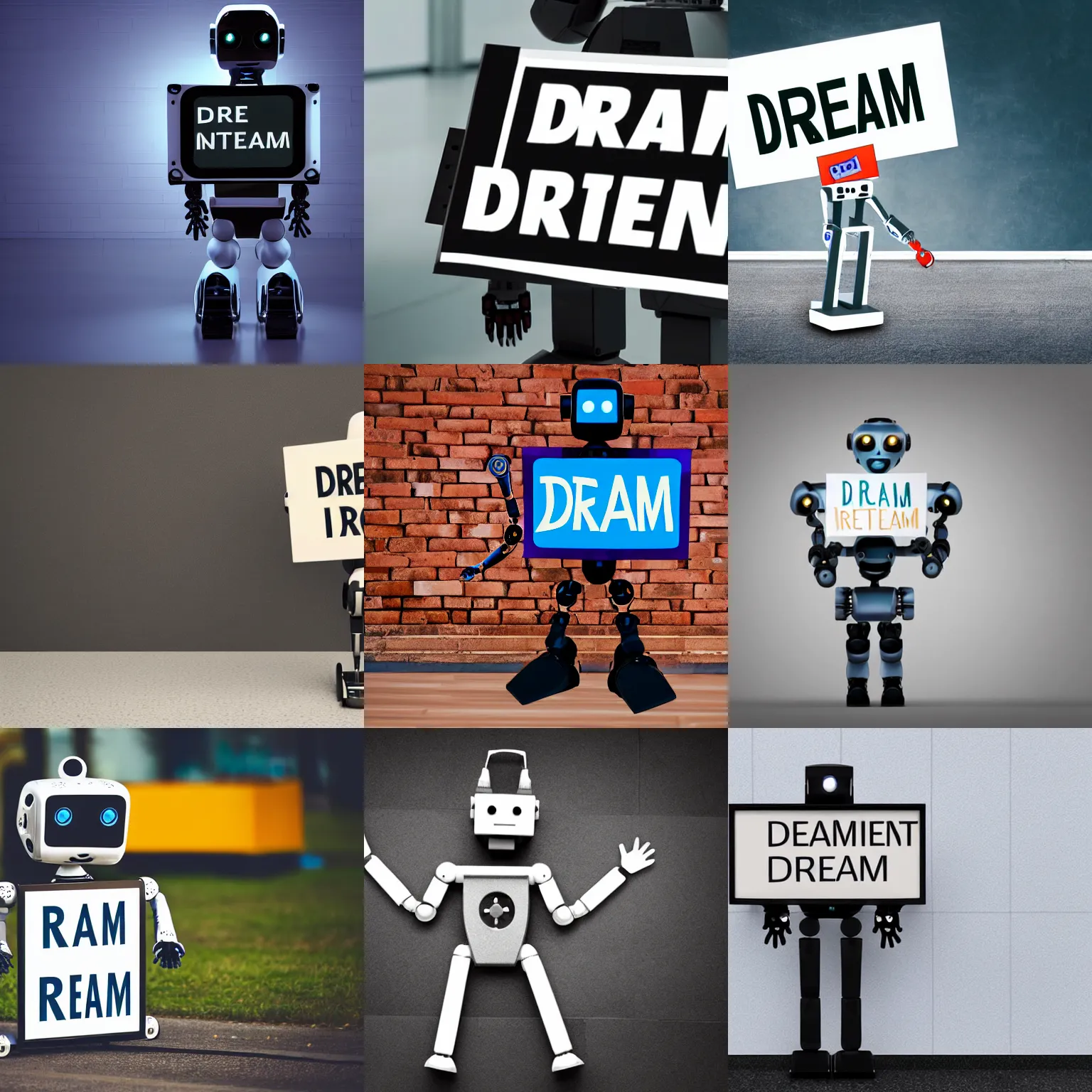 Image similar to artificial intelligence robot holding a sign with text that reads : dream