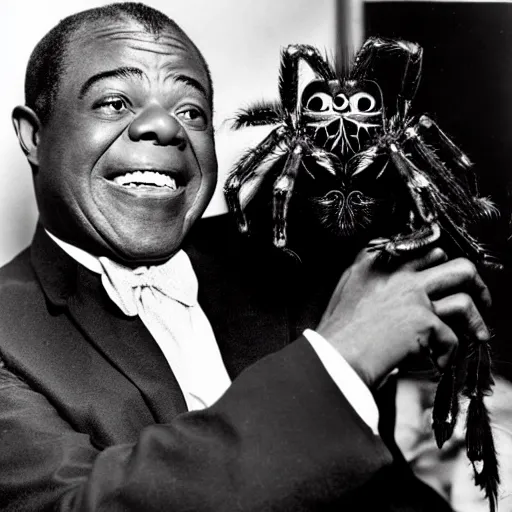 Prompt: louis armstrong winking and holding a giant hairy spider, professional photograph