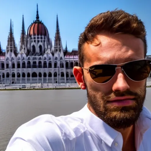 Image similar to Gigachad taking a selfie with the hungarian Parliament, 4k, selfie,