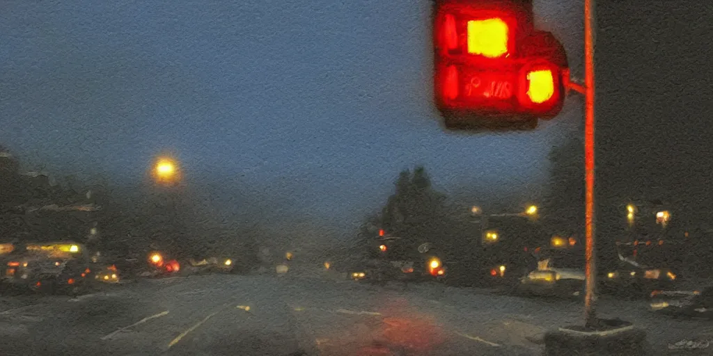 Image similar to painterly, ((messy)), ominous! landscape of north bend, washington main street, dark, lonely!! stop light glowing, twin peaks, 'lone dark figure'!!
