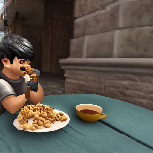 Prompt: jc denton from deus ex videogame eats cereal at a table near liberty island, highly detailed, 4 k, hd