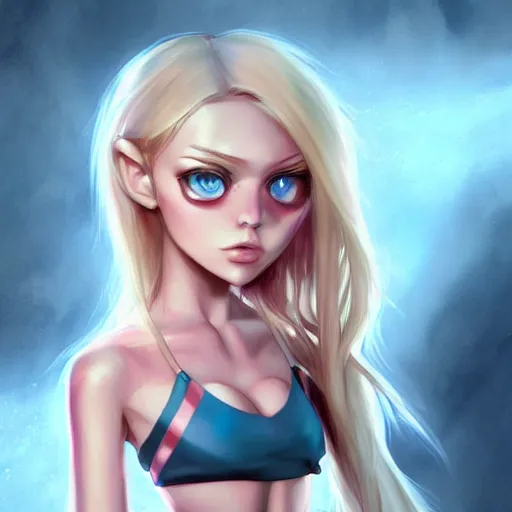 Prompt: a very beautiful young invader zim, full body, long wavy blond hair, sky blue eyes, full round face,, bikini, miniskirt, front shot, highly detailed, cinematic wallpaper by stanley artgerm lau