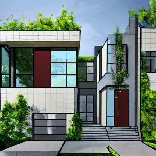 Image similar to an architectural drawing of a modern house with a courtyard, detailed, lush,