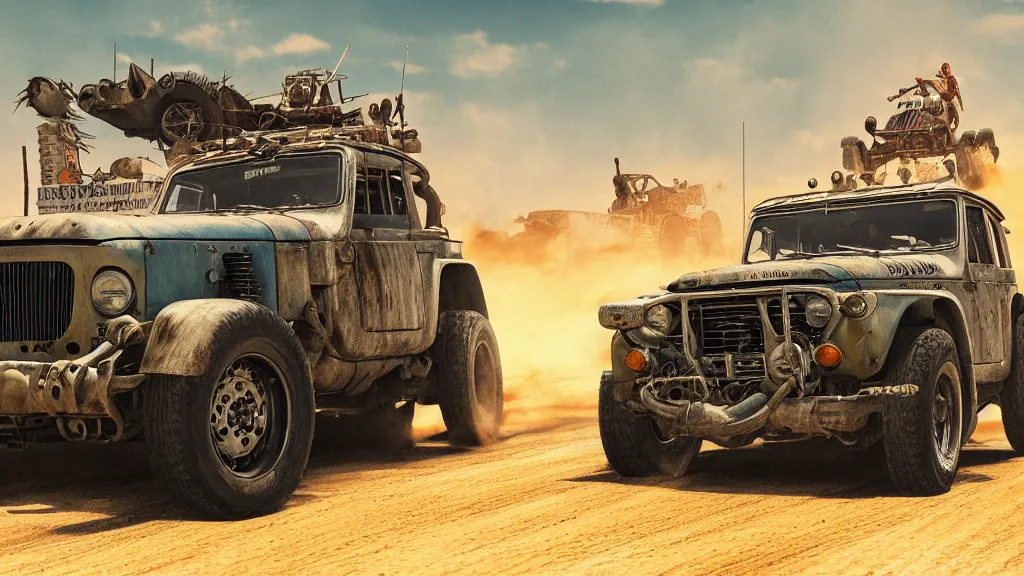 Image similar to illustration of mad max's fj 4 0 pursuit special, the last v 8 interceptor driving down to the gates of valhalla highway, fury road, eternal shiny and chrome, world of fire and blood, by makoto shinkai, ilya kuvshinov, lois van baarle, rossdraws, basquiat, studio ghibli, global illumination ray tracing hdr