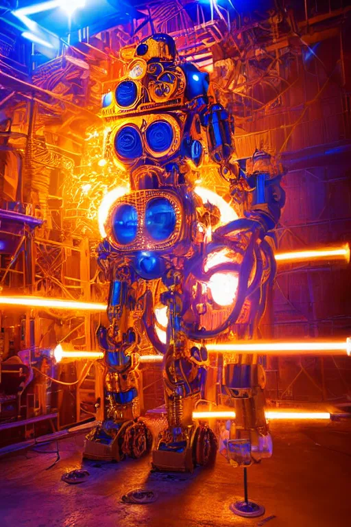 Prompt: portrait photo of a giant huge golden and blue metal humanoid steampunk robot with a huge foammachine shooting foam, with gears and tubes, eyes are glowing red lightbulbs, shiny crisp finish, 3 d render, 8 k, insaneley detailed, fluorescent colors, background is multicolored lasershow