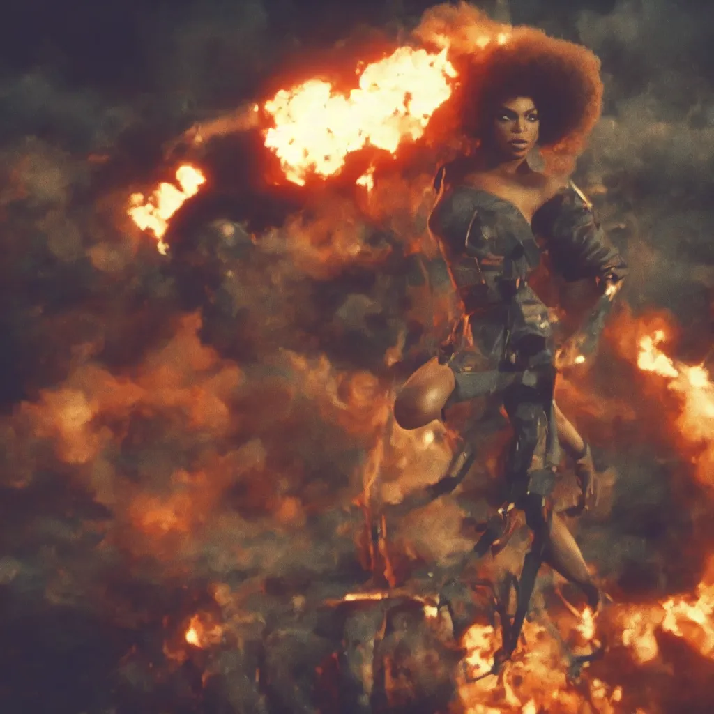 Image similar to beyonce with a afro hair style riding a hellfire missile, cinematic framing, cinematic lighting, hdr, gritty, movie still, 4k, 70s psychedelic style