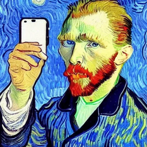 Image similar to iphone selfie, phone in hand, by van gogh