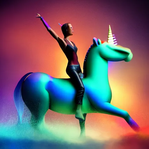 Prompt: full body pose, hyperrealistic photograph of attractive girl riding a rainbow unicorn, dim volumetric lighting, 8 k, octane beautifully detailed render, extremely hyper detailed, intricate, epic composition, cinematic lighting, masterpiece, trending on artstation, very very detailed, stunning, hdr, smooth, sharp focus, high resolution, award, winning photo, dslr, 5 0 mm