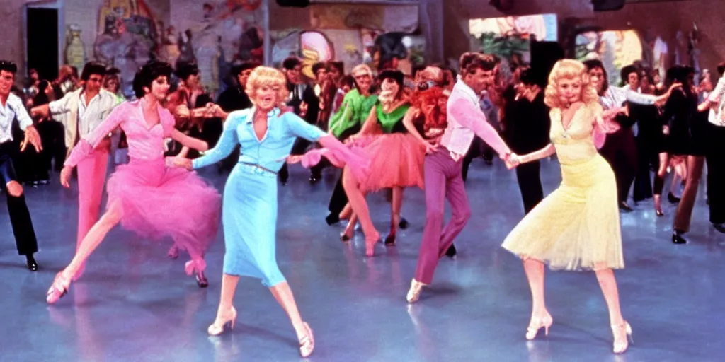 Image similar to Still of Grease (1976) with a disco dance interpreted by Fred Astaire and Ginger Rogers, cinematic, technicolor