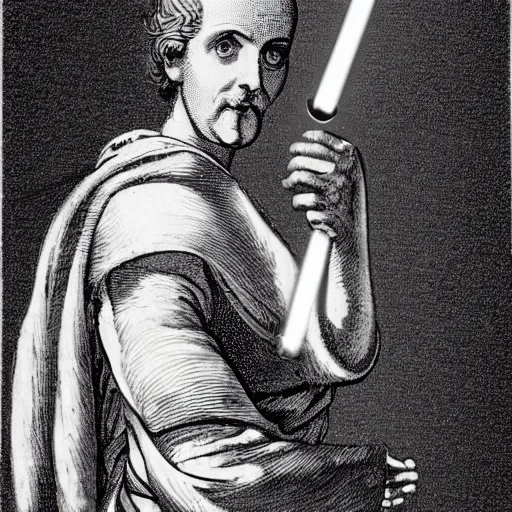 Prompt: Plato as a cyborg holding a lightsaber