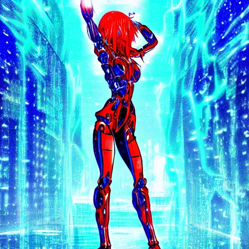 Image similar to digital anime!!, cyborg - girl standing in a azure blue crystal lake, lightning, raining!!, water refractions!!, black red long hair!, biomechanical details, neon background lighting, reflections, wlop, ilya kuvshinov, artgerm