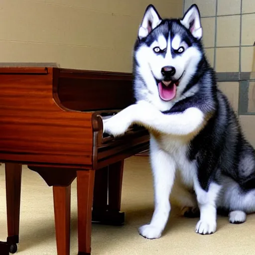 Prompt: photo of a husky playing a giant piano