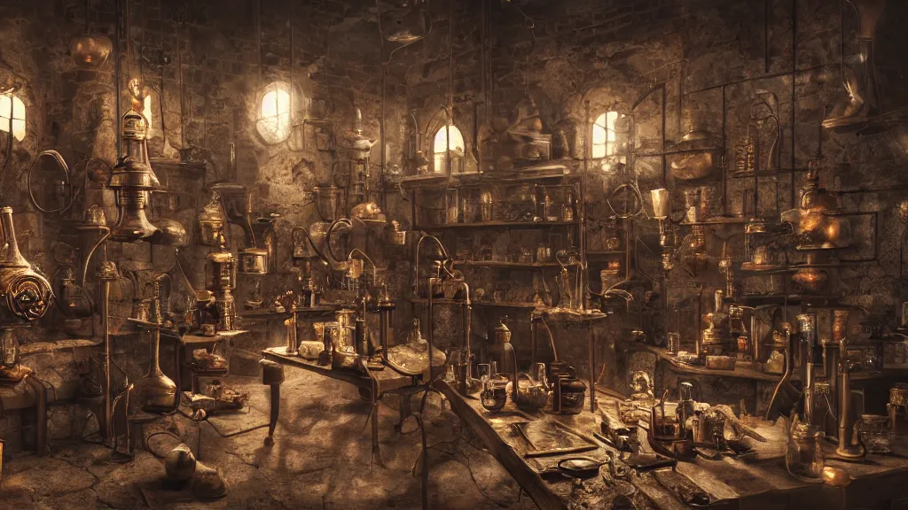 Image similar to dark wizards laboratory, ancient medieval, many tubes connecting many beakers, bronze steril feeling, realistic cinematic lighting, establishing action shot, ultra detailed, hyper realism, photo, octane render